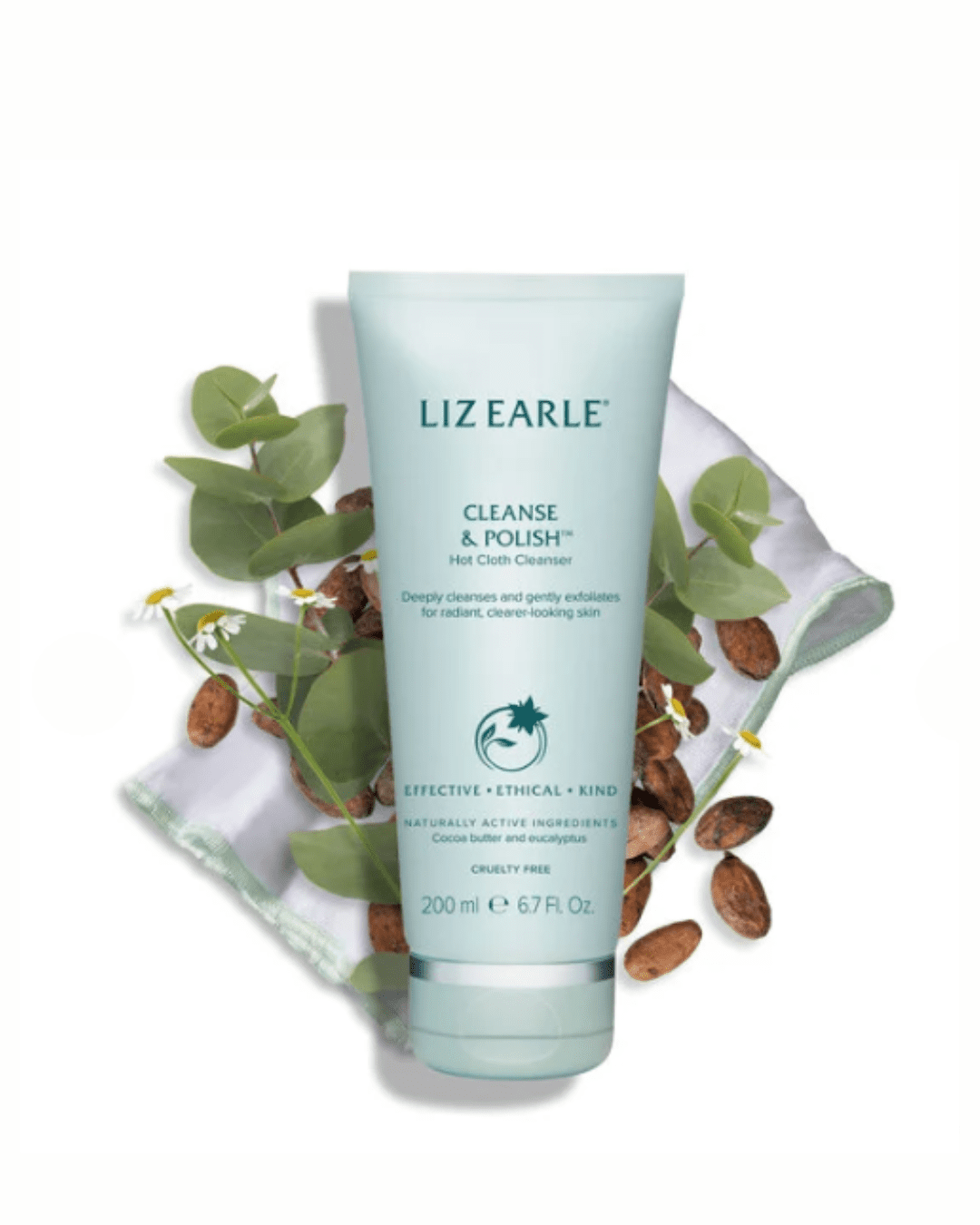 Cleanse & Polish™ Hot Cloth Cleanser surrounded by its key ingredients on a white surface. Part of a September beauty guide.