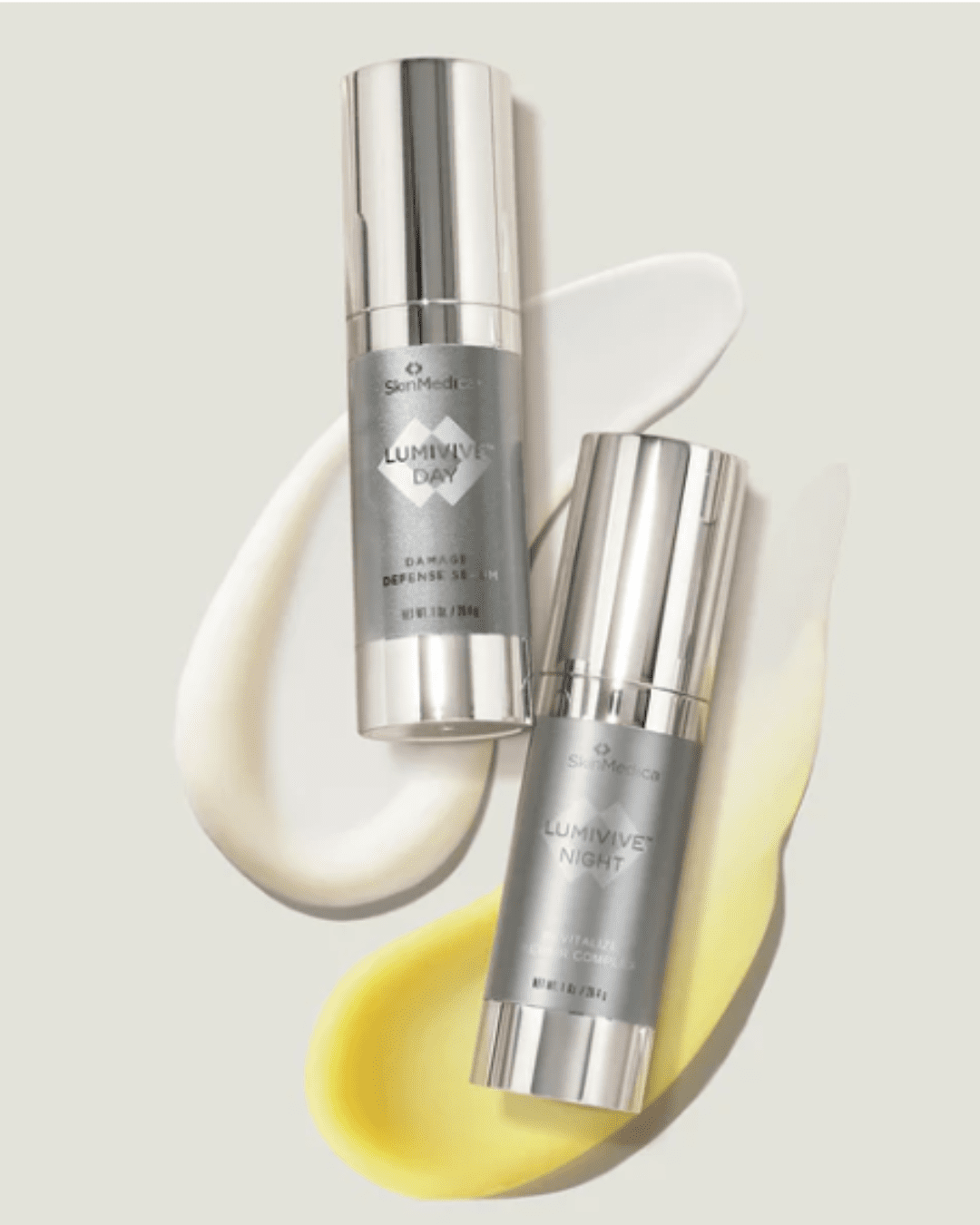 SkinMedica Lumivive System, Day and Night on top of each product swatch part of a beauty routine.