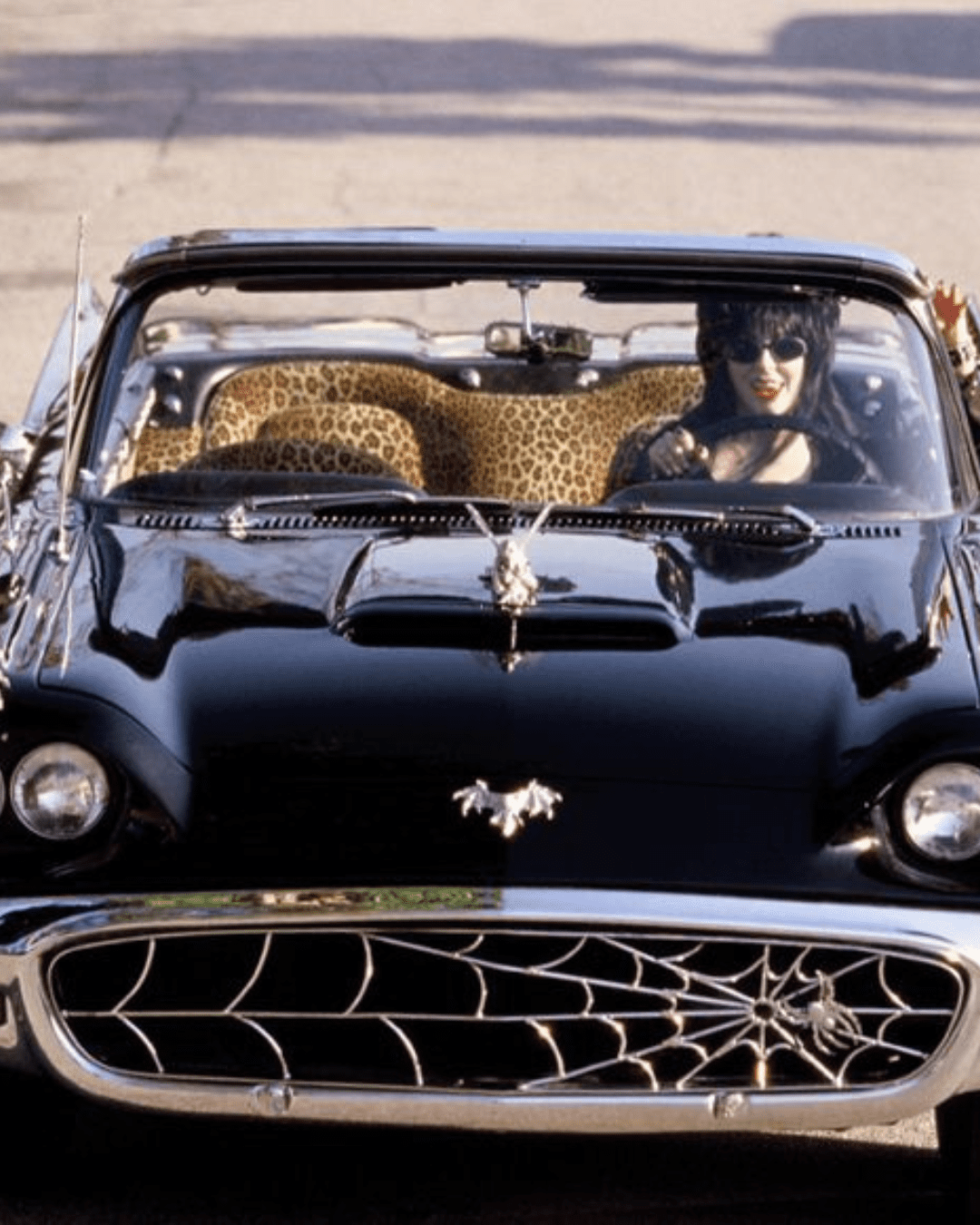 Elvira, Mistress of the Night in her spiderweb classic car part of the blood and glamour blog post.