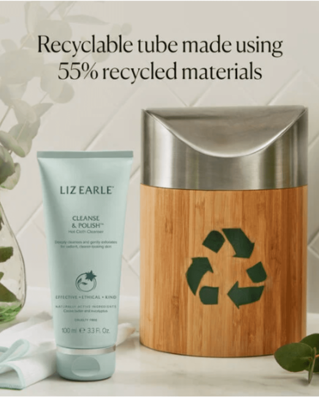 Liz Earle Cleanse & Polish Hot Cloth Cleanser next to a recycle container, promoting eco-friendly practices. Part of a September beauty guide.