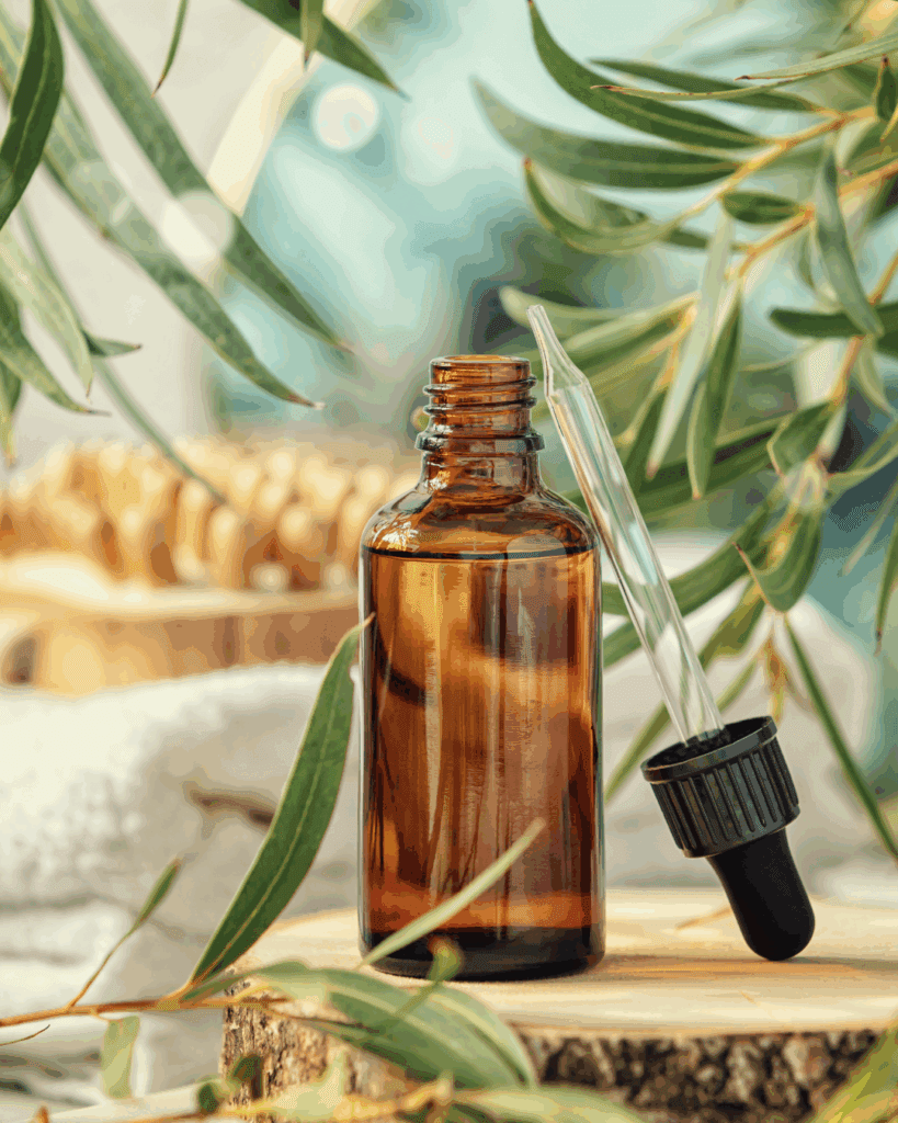 Eucalyptus Oil on a wooden surface with a tropical background. Part of a September beauty guide.