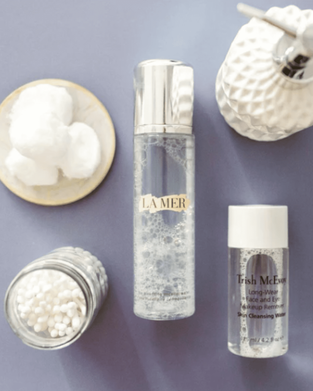 Le Mer The Cleansing Micellar Water alsong with cotton beauty products.