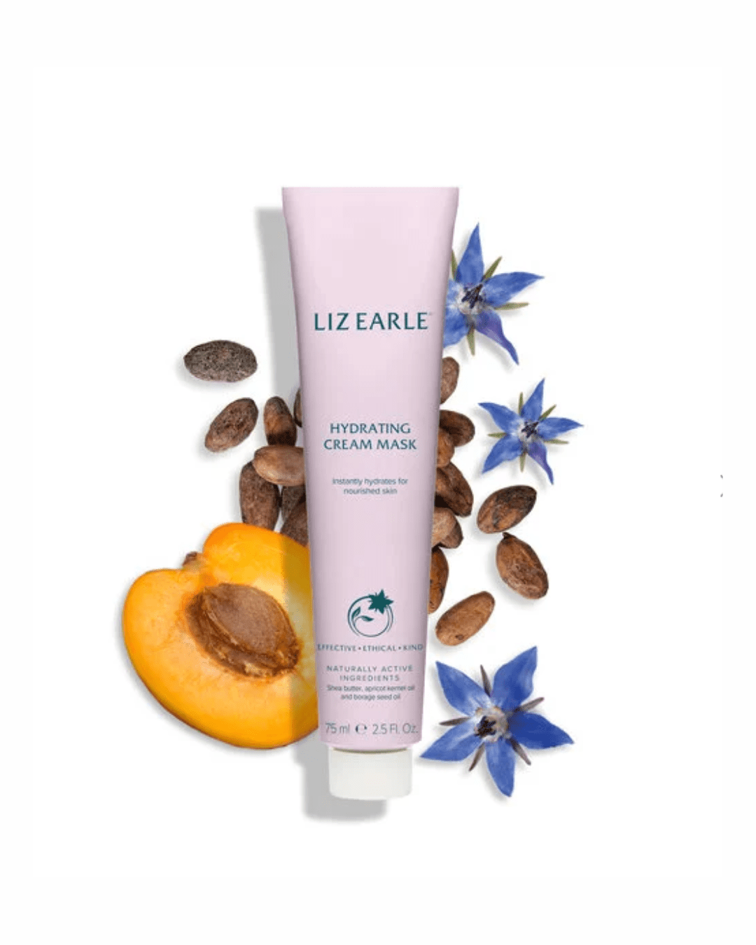 Liz Earle Hydrating Cream Mask on a white surface surrounded by apricot, almond and blue borage flowers. Part of a September beauty guide.
