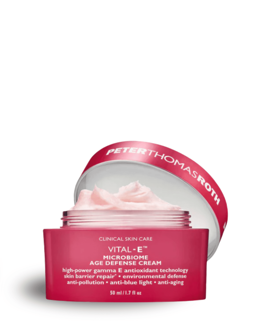 Peter Thomas Roth Vital-E Microbiome Age Defense Cream on a white background and white surface part of a beauty routine.