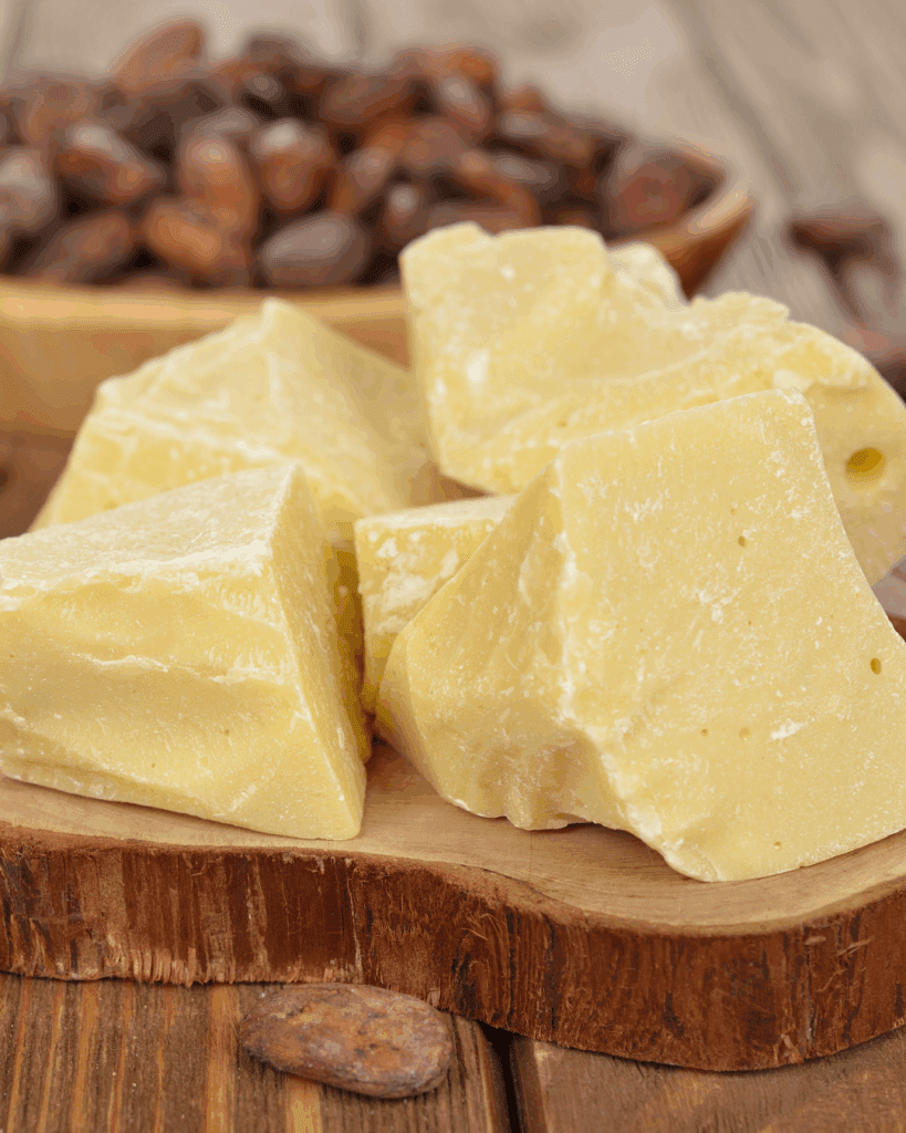 Cocoa butter on a wooden surface. Part of a September beauty guide.
