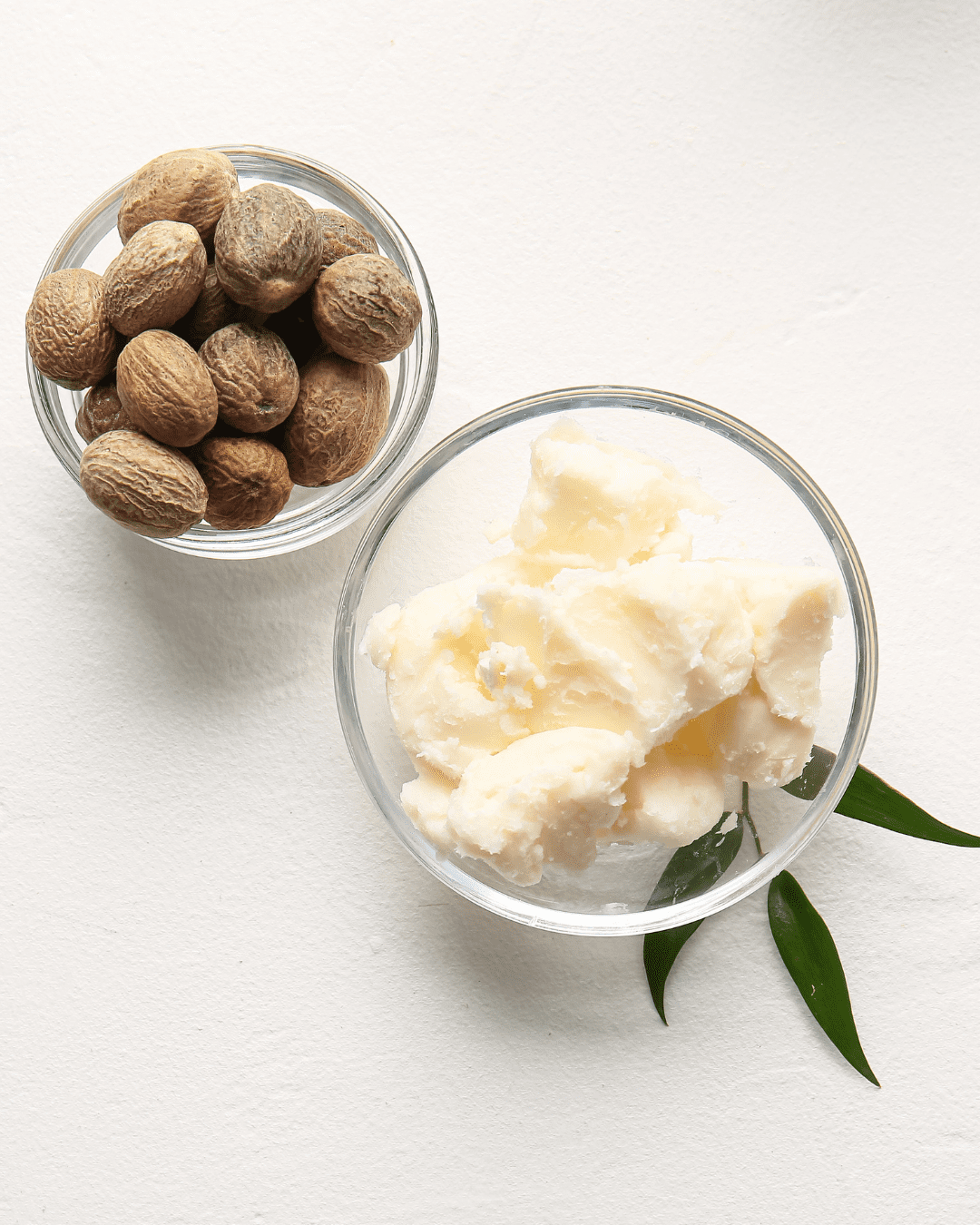 Shea butter and nuts in glass bowls on a white surface. Part of a September beauty guide.