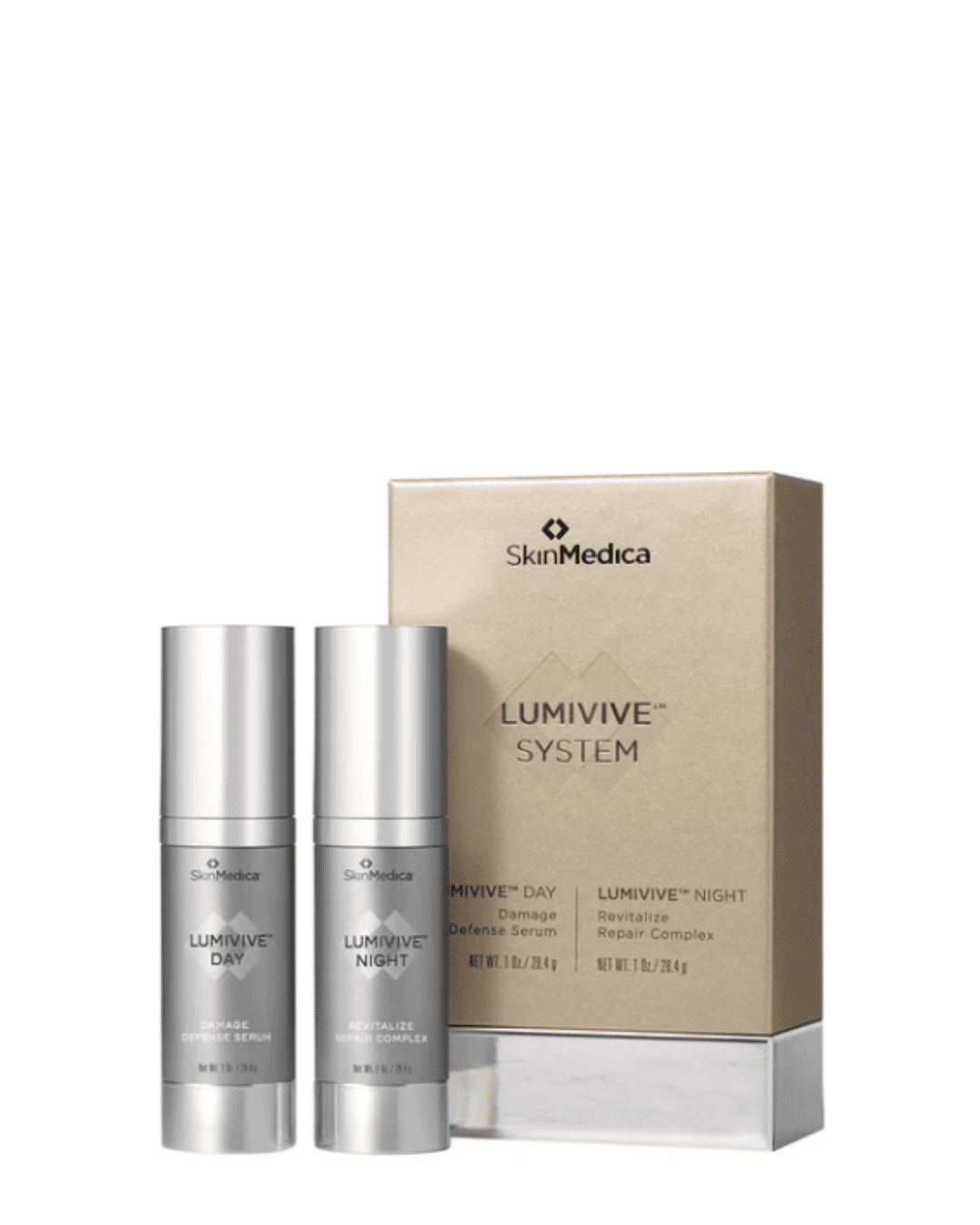 SkinMedica Lumivive System, Day and Night on a white surface and white background and part of a beauty routine.