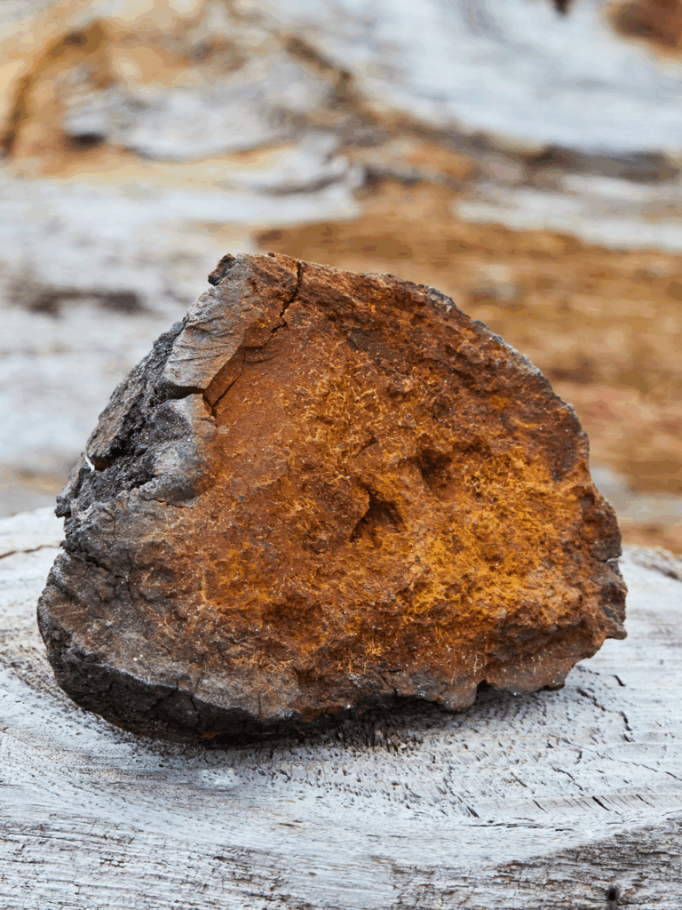 Chaga mushroom with a rock-like texture resting on a wooden tree stump, with a natural mountainous or rocky forest background.