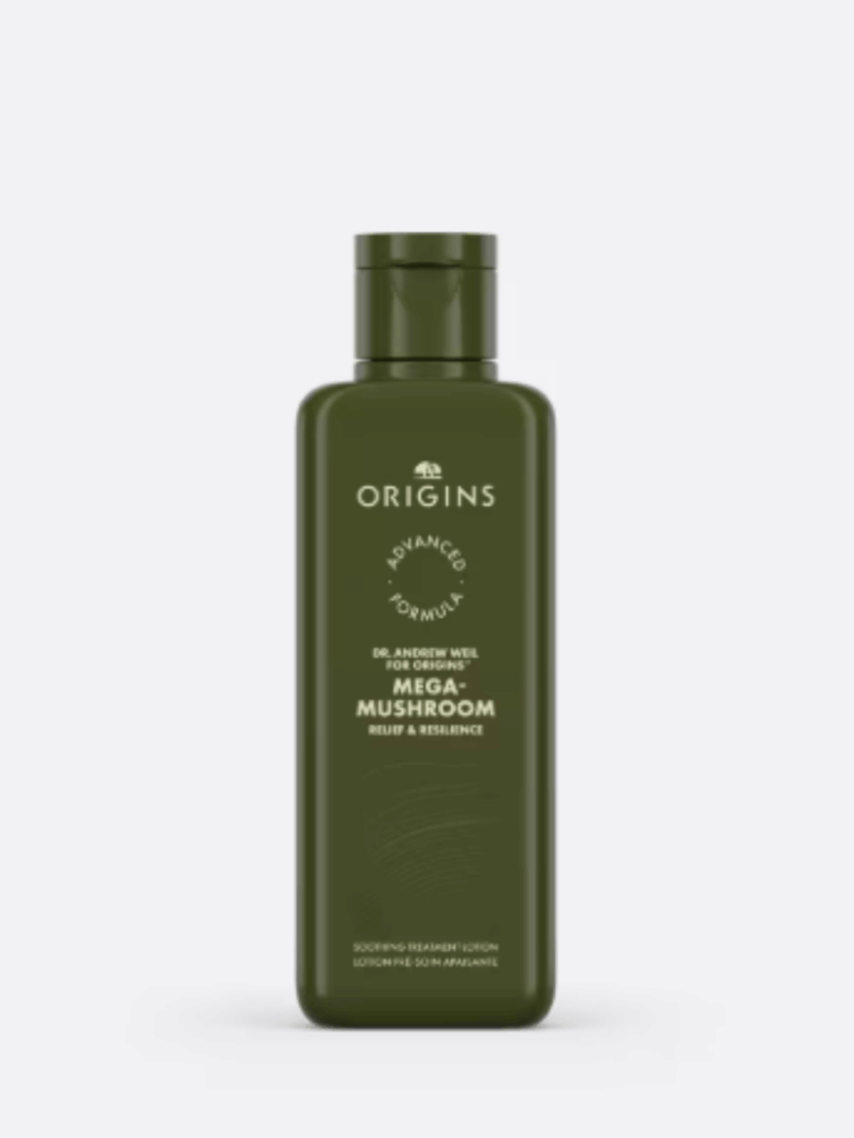 Origins Mega-Mushroom Relief & Resilience Soothing Treatment Lotion in its new packaging on an off-white surface with an off-white background.