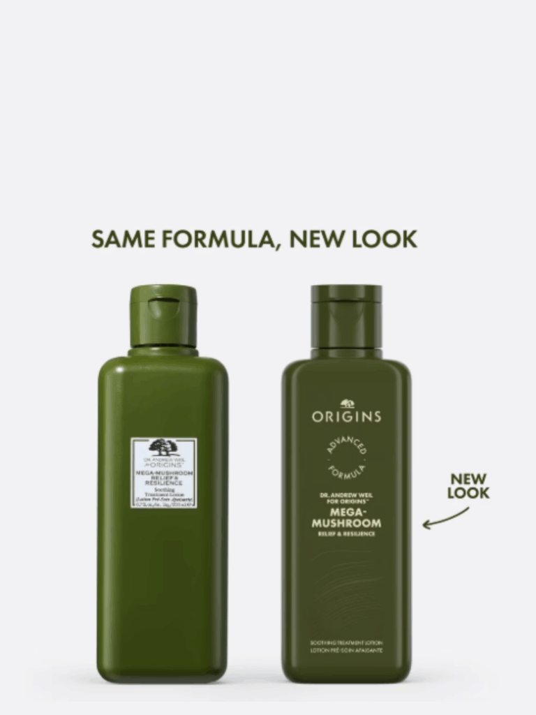 Old and new packaging of the Origins Mega-Mushroom Relief & Resilience Soothing Treatment Lotion displayed side by side on an off-white surface with the text "Same Formula, New Look" above them.