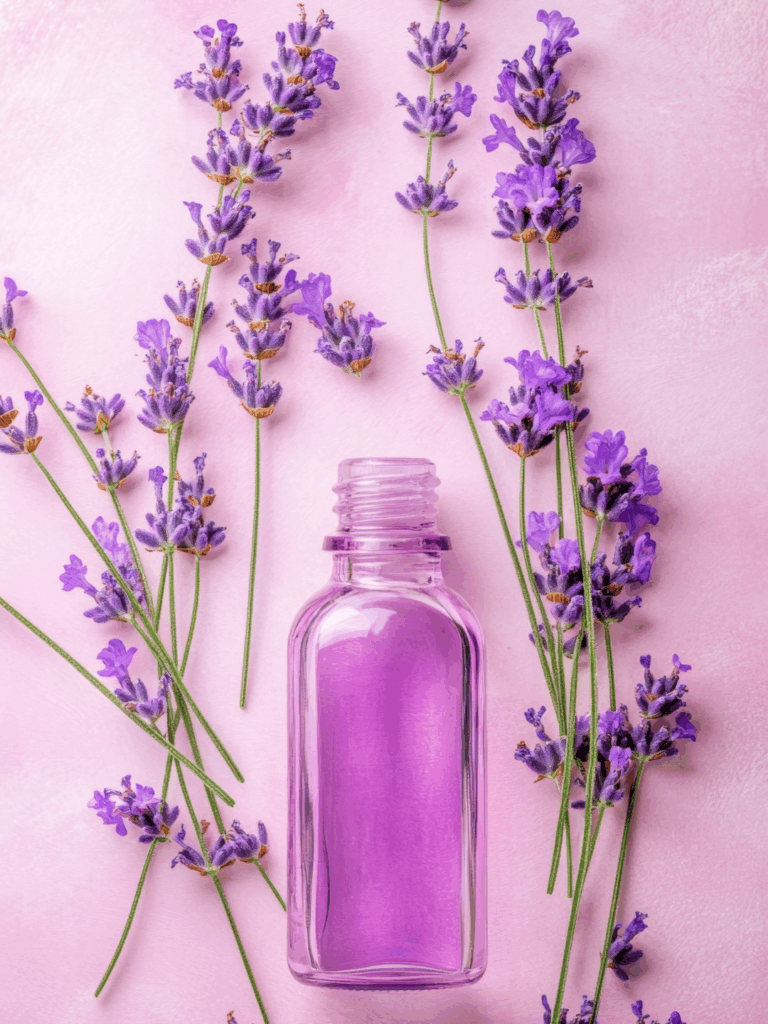 Glass bottle of lavender oil lying on a lavender-colored surface with lavender flowers arranged on both sides.