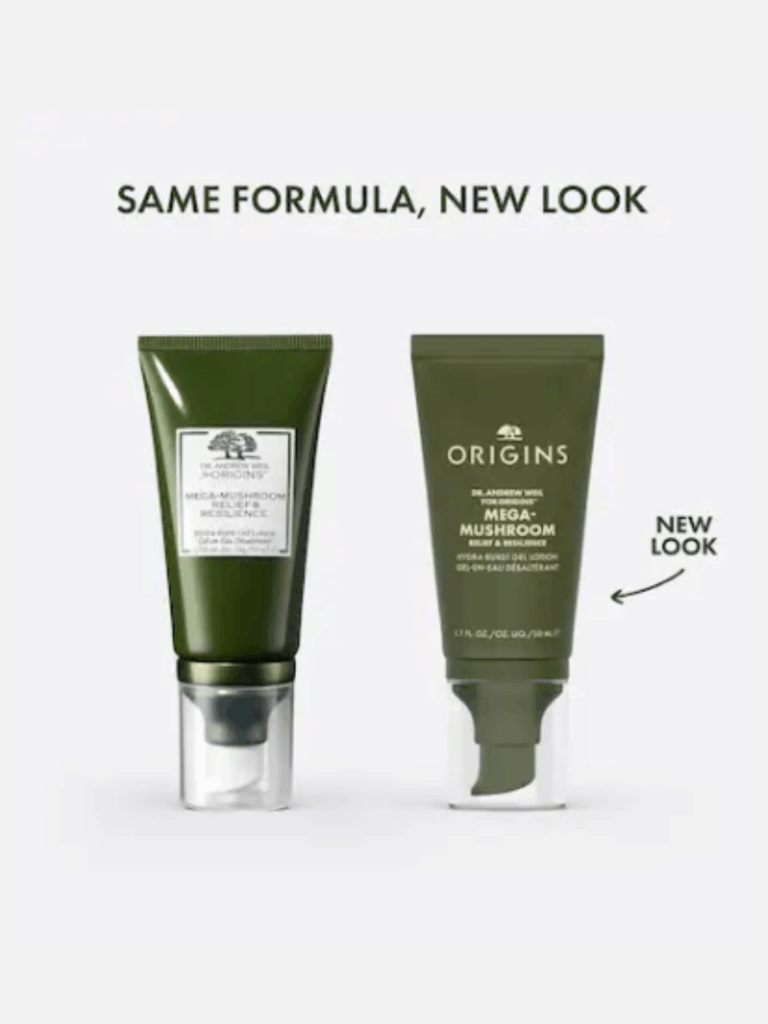 Old and new packaging of the Origins Mega-Mushroom Relief & Resilience Hydro Burst Gel Lotion displayed side by side on an off-white background, with the text "Same Formula, New Look" above them.
