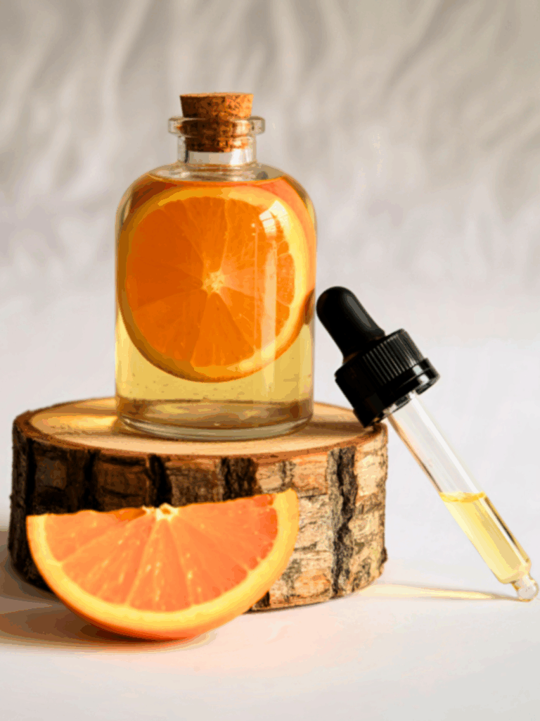 Glass bottle of orange oil with an orange slice inside, placed on a cut wooden block on an off-white, slightly wrinkled background; a dropper filled with orange oil rests diagonally across the wood.