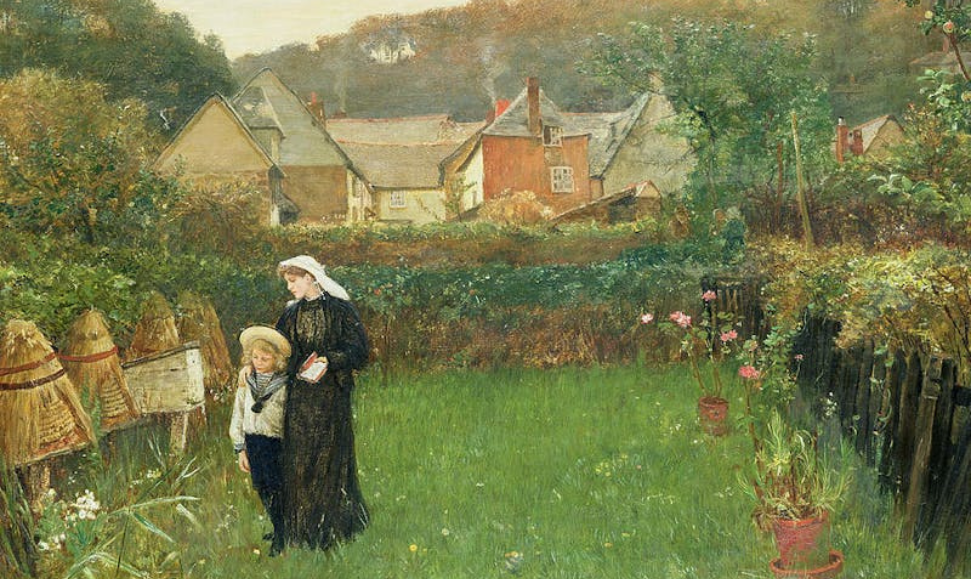 A painting from 1895 depicting a woman and her son telling the bees of a death in the family
Photo Credit: "The Widow" by Charles Napier Hemy (Public Domain)