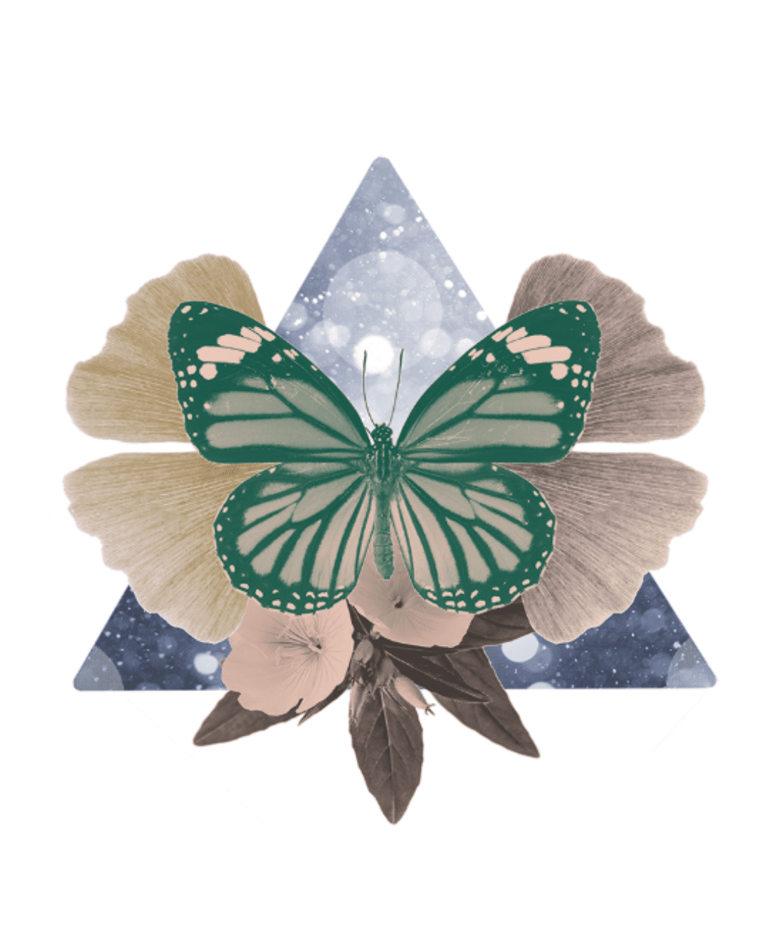 A layered flat-lay composition featuring a patterned triangle board, dried botanical elements, delicate flowers with leaves, and a green butterfly arranged in an artistic, nature-inspired display.
