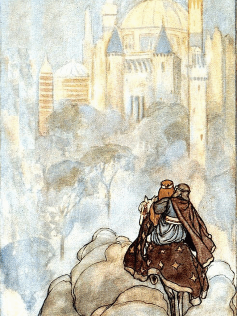 Niamh and Oisín on their way to Tír na nÓg, the otherworldly land of honey and mead Photo Credit: Stephen Ried (Public Domain) in The High Deeds of Finn (1910)