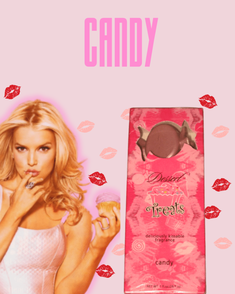 Jessica Simpson posing playfully against a pink background with colorful lipstick kiss marks. She's wearing a silky pink tank top, holding a cupcake with pink frosting, and pretending to taste it with her finger. Next to her is a light pink perfume bottle inside its box, decorated with kiss marks and labeled "Dessert Treats". The perfume top is shaped like a circular candy that's wrapped in plastic that twists on either side. The fragrance is called "Candy", and the word "Candy" appears at the top of the image.