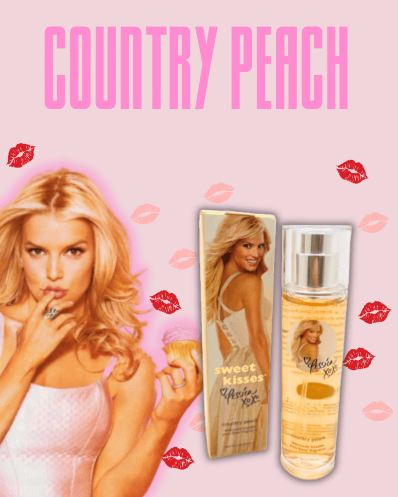 Jessica Simpson posing playfully against a pink background with colorful lipstick kiss marks. She's wearing a silky pink tank top, holding a cupcake with pink frosting, and pretending to taste it with her finger. Next to her is a perfume bottle with perfume the color of yellow and its matching boxy, which features Jessica Simpson in a yellow dress with long flowing hair, looking over her shoulder. The fragrance is called "Country Peach", and the words "Country Peach" appears at the top of the image.
