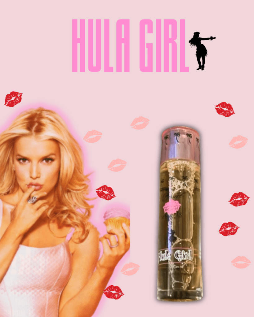 Jessica Simpson posing playfully against a pink background with colorful lipstick kiss marks. She's wearing a silky pink tank top, holding a cupcake with pink frosting and pretending to taste it with her finger. Next to her is a brown-colored perfume bottle, reminiscent of coconut, from her Dessert Beauty line. The word "Hula Girl" appears at the top of the image, with a small illustration of a dancing hula girl next to the word girl.