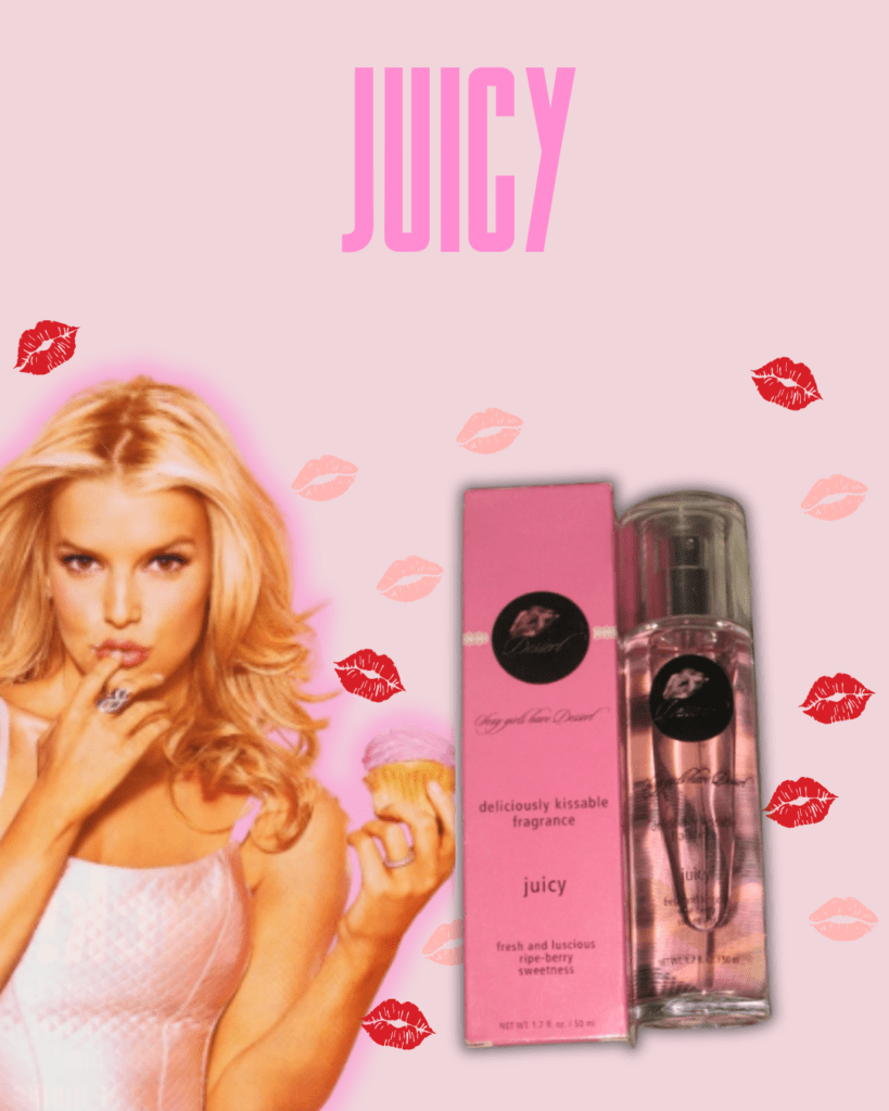Jessica Simpson posing playfully against a pink background with colorful lipstick kiss marks. She's wearing a silky pink tank top, holding a cupcake with pink frosting, and pretending to taste it with her finger. To her right is a light pink perfume bottle and its matching light pink box from her Dessert Beauty line. The fragrance is called "Juicy", and the word "Juicy" appears above her at the top middle part of the image.