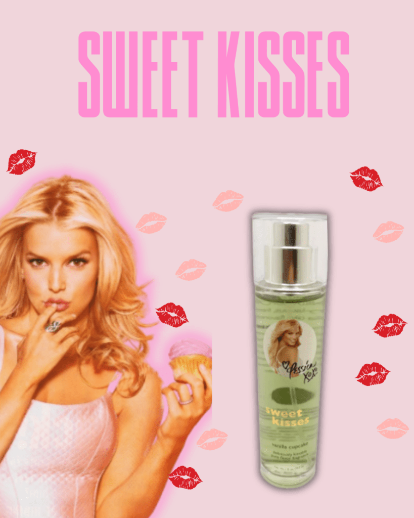 Jessica Simpson posing playfully against a pink background with colorful lipstick kiss marks. She's wearing a silk pink tank top, holding a cupcake and pretending to taste it with her finger. Next to her is a green perfume bottle from her Dessert Beauty line, with the fragrance name "Sweet Kisses". The word "Sweet Kisses" appears at the top of the image.