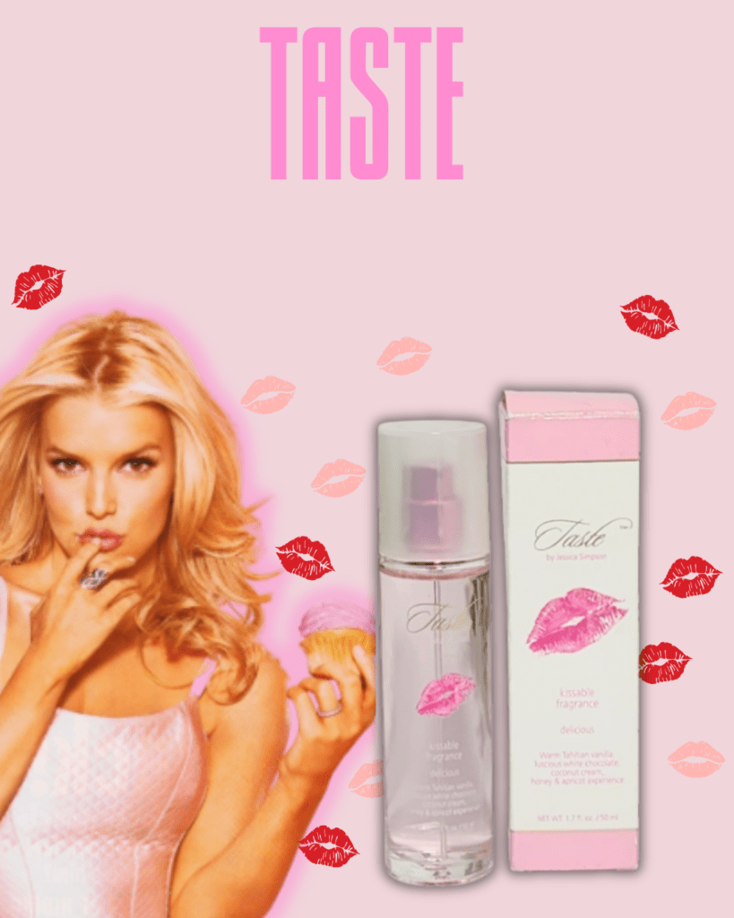 Jessica Simpson posing playfully against a pink background with colorful lipstick kiss marks. She's wearing a silky pink tank top, holding a cupcake with pink frosting, and pretending to taste it with her finger. Next to her is the perfume bottle and box from her Dessert Beauty fragrance line, with the word "Taste" written at the top of the image.