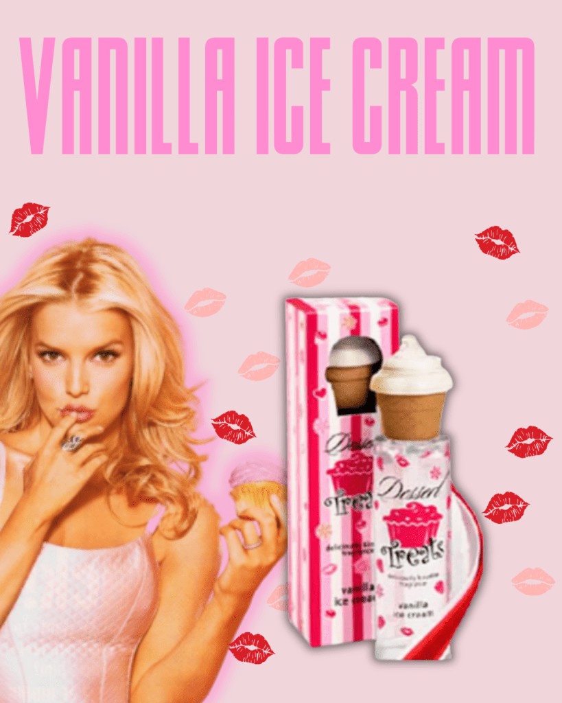 Jessica Simpson posing playfully against a pink background with colorful lipstick kiss marks. She's wearing a silky pink tank top, holding a cupcake with pink frosting, and pretending to taste it with her finger. Next to her is the "Vanilla Ice Cream" perfume bottle and its matching packaging, which shows the perfume inside through a clear section. The box is decorated with white, light pink, and dark pink stripes, along with tiny hearts and kiss marks, and labeled "Dessert Treats". The perfume bottle has a top shaped like a swirl of vanilla ice cream. The words "Vanilla Ice Cream" appear at the top of the image.