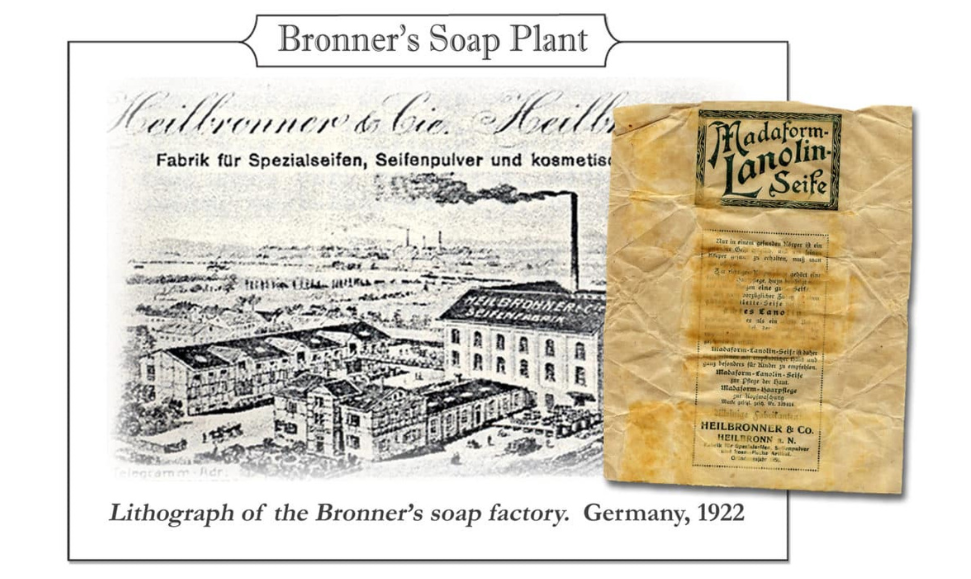 An advertisement depicting one of the Heilbronner brothers’ soap factories in Heilbronn, Germany and the wrapper from one of their bars of lanolin soap.