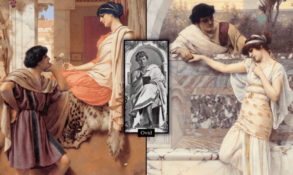 The Old, Old Story (1903) by John William Godward: A Neoclassical painting depicting a young woman in a white Greco-Roman gown, seated on a marble bench, gazing at a letter in her hand, with a serene expression and classical architecture in the background.