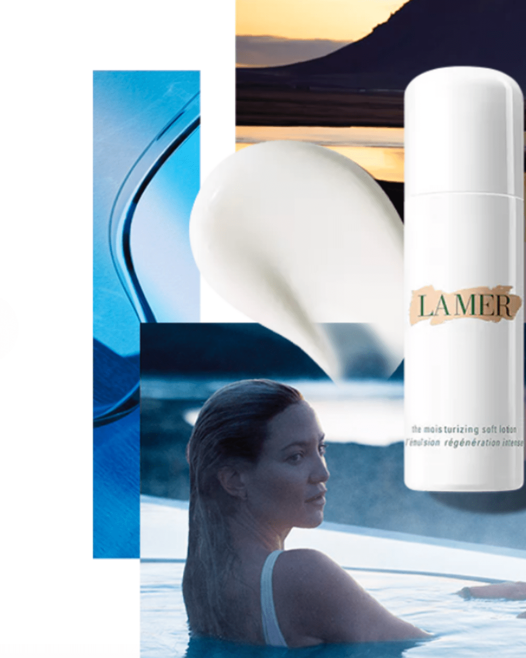 Kate Hudson in an outdoor Jacuzzi with La Mer The Moisturizing Soft Cream product, swatch, and nature inspired imagery.