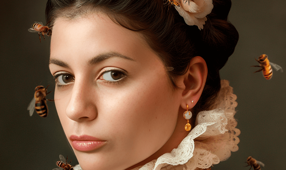 woman in period dress with bees
