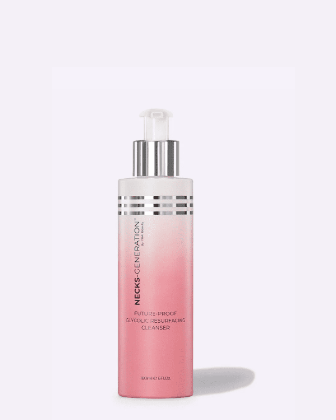 PRAI Beauty Necks Generation Glycolic Cleanser on a white flat surface with soft shadow behind the bottle, highlighting the clean packaging.