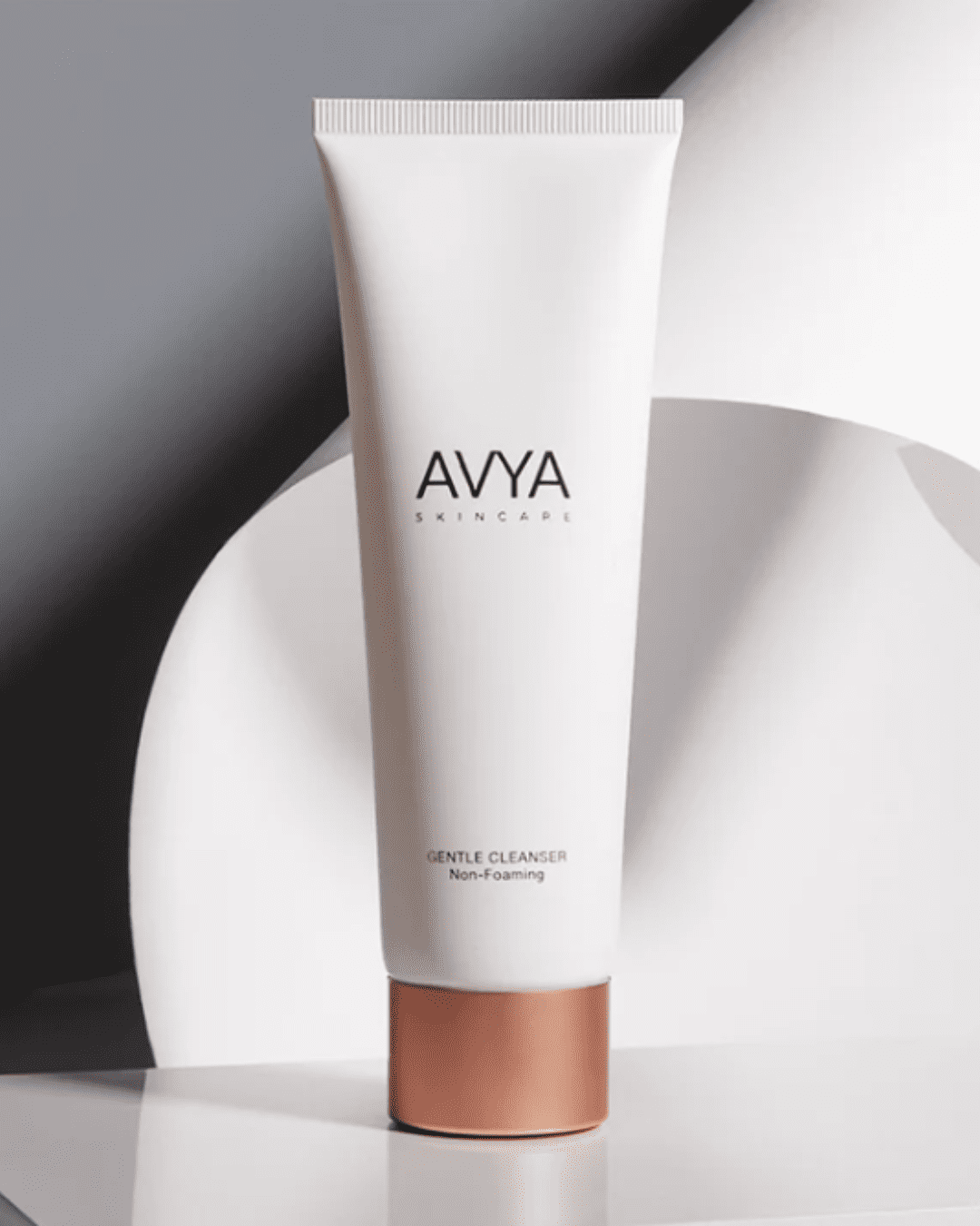 AVYA’s Advanced Ayurvedic Skincare Gentle Cleanser with a gray and white background. A product in Ayurvedic skincare.