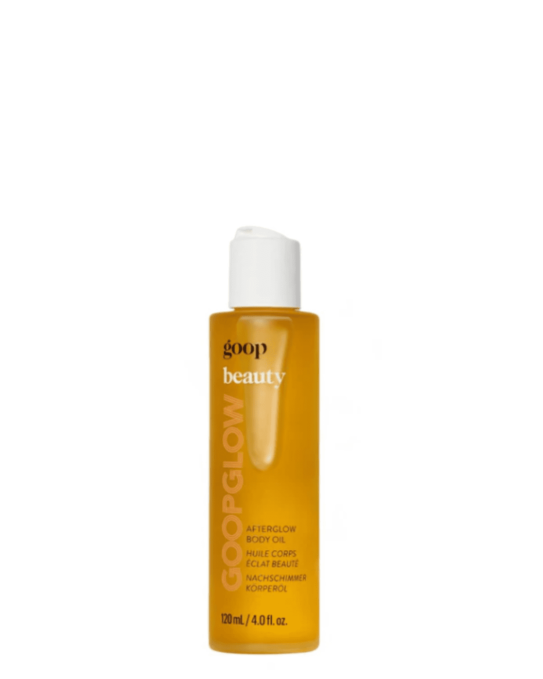 Goop Afterglow Body Oil on a white background on a white surface. Part of the fall self-care & beauty guide.
