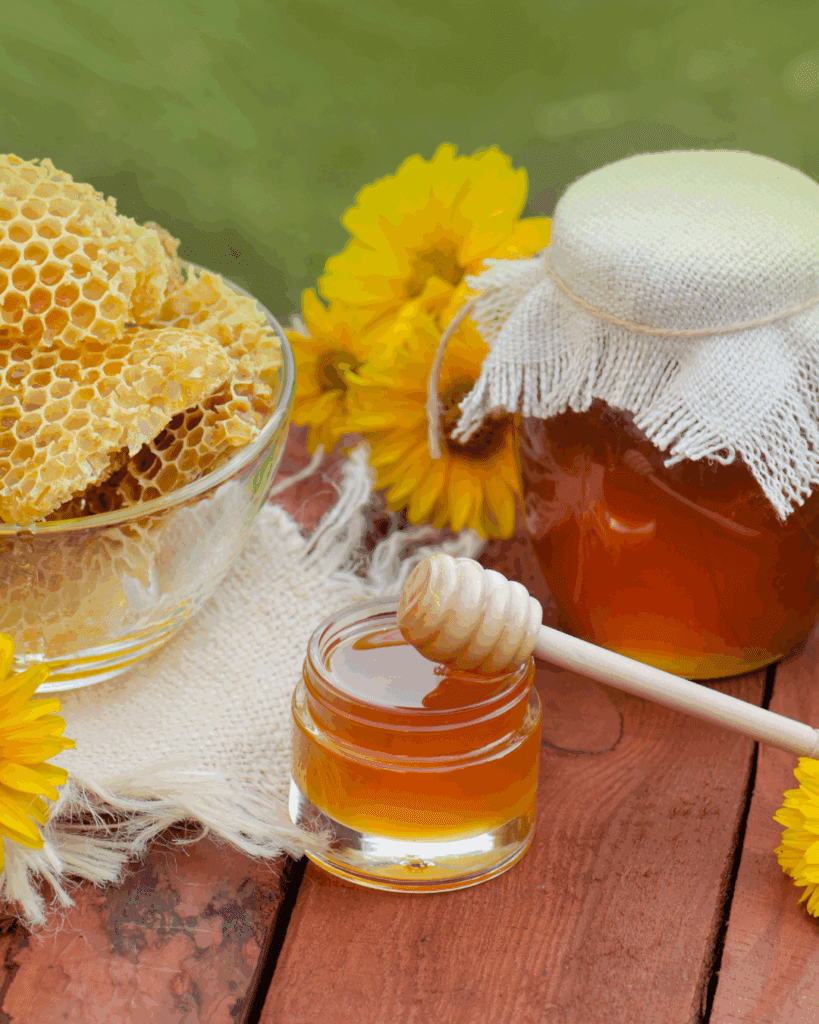 honeycomb and honey in a jar