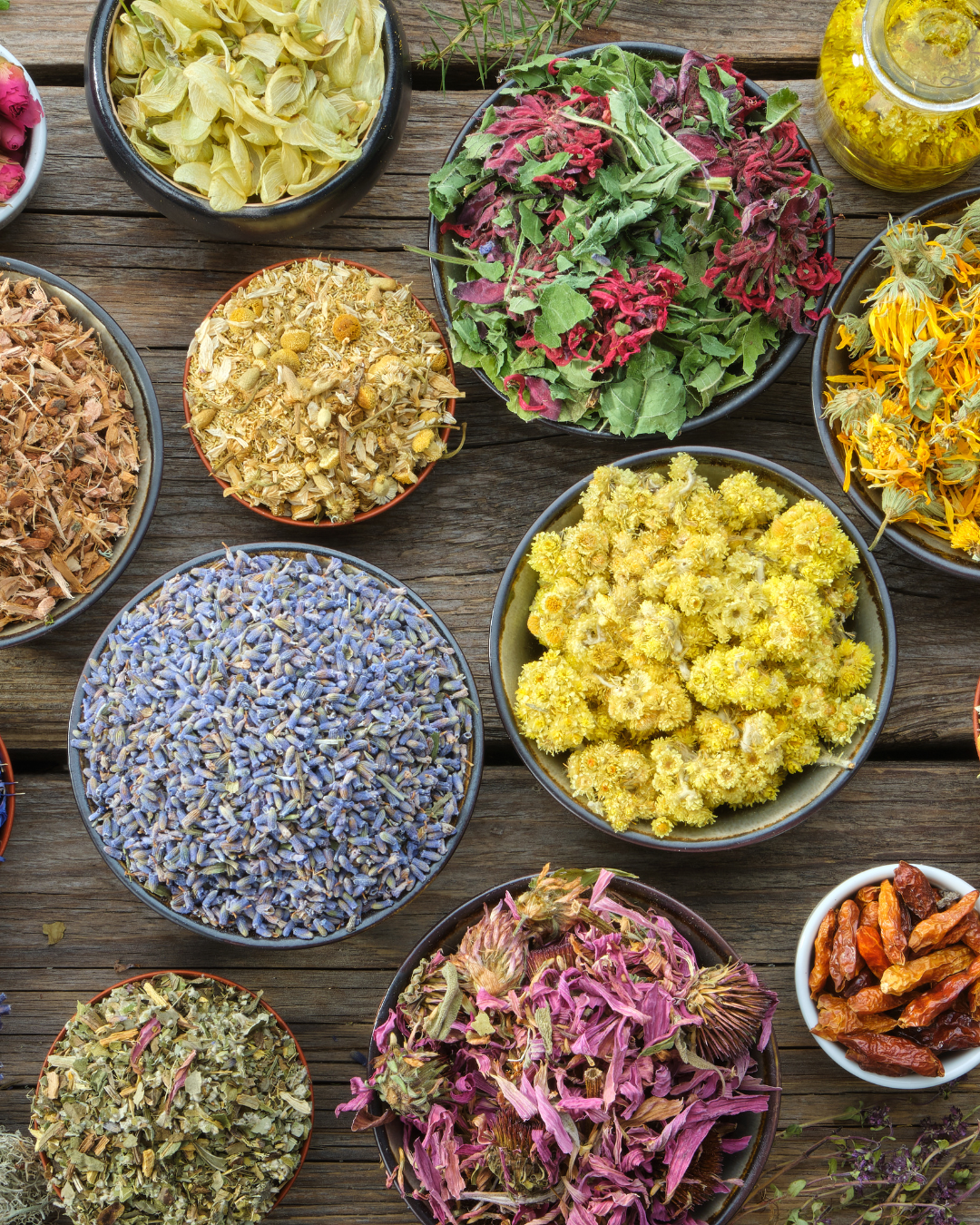 Bowls of dry medicinal herbs that may be found in ayurvedic skincare.