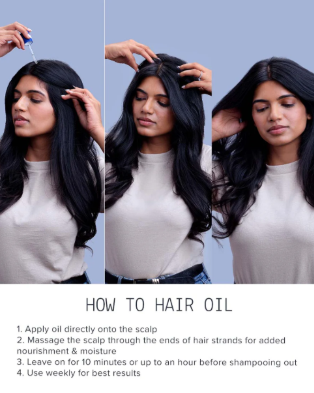 Step-by-step directions for applying AAVRANI’s Hair & Scalp Recovery Oil, showing a young Indian woman applying the oil to her scalp and massaging it through her hair.