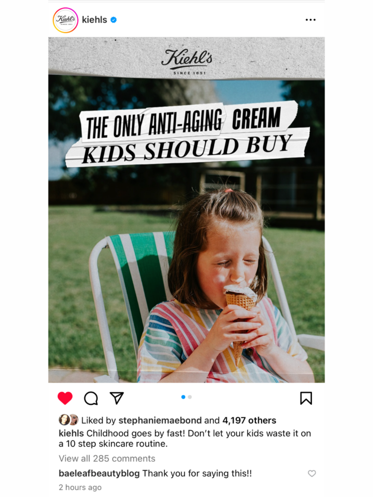 Kiehls campaign combating against Drunk Elephant targeting kids for skincare.