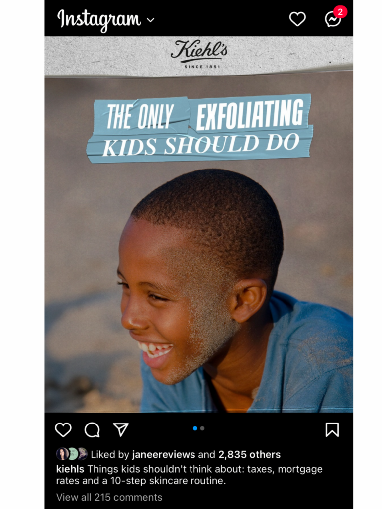 Kiehls campaign combating against Drunk Elephant targeting kids for skincare.