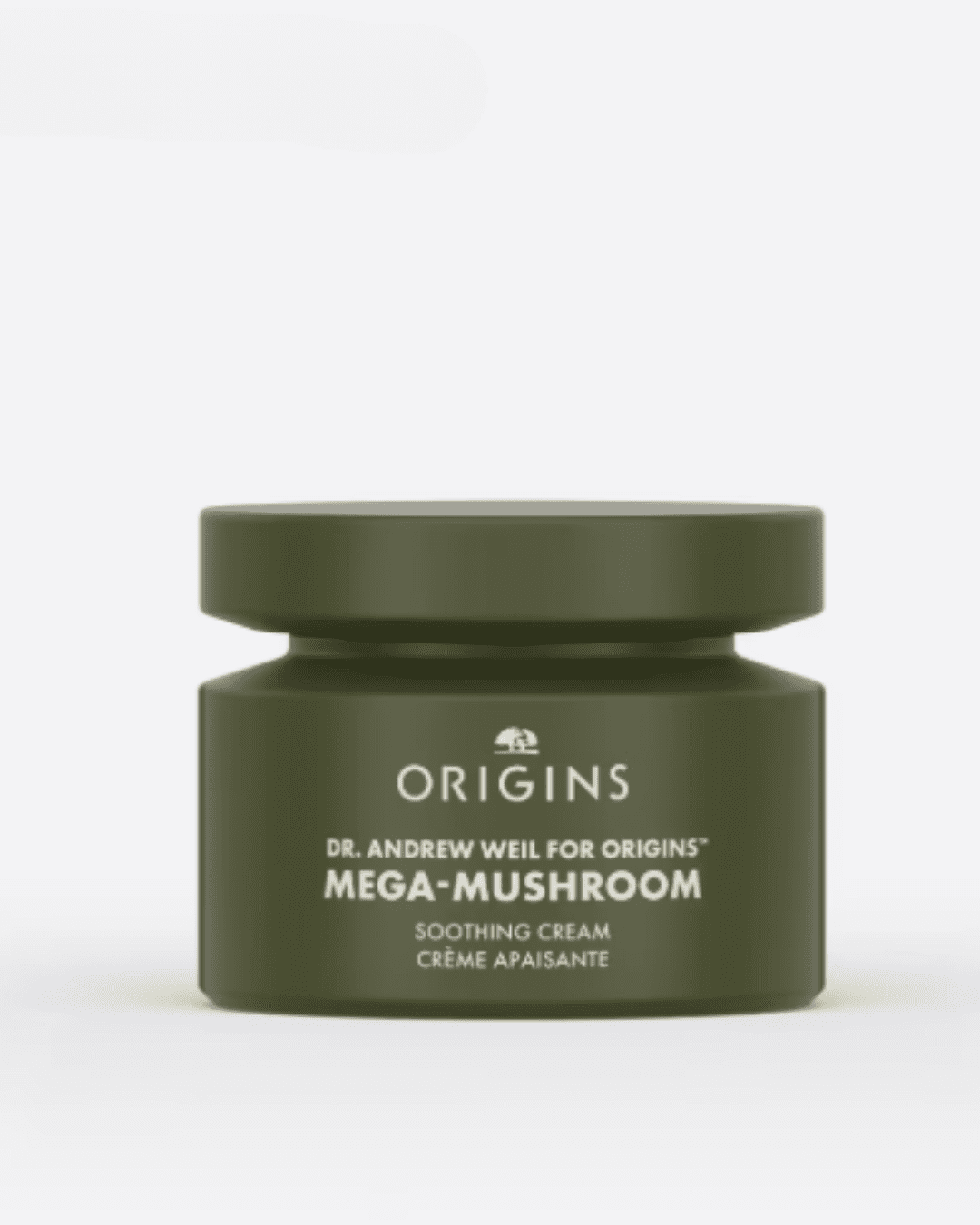 Origins Mega-Mushroom Relief & Resilience Soothing Cream in its new forest-green packaging on an off-white surface with an off-white background.