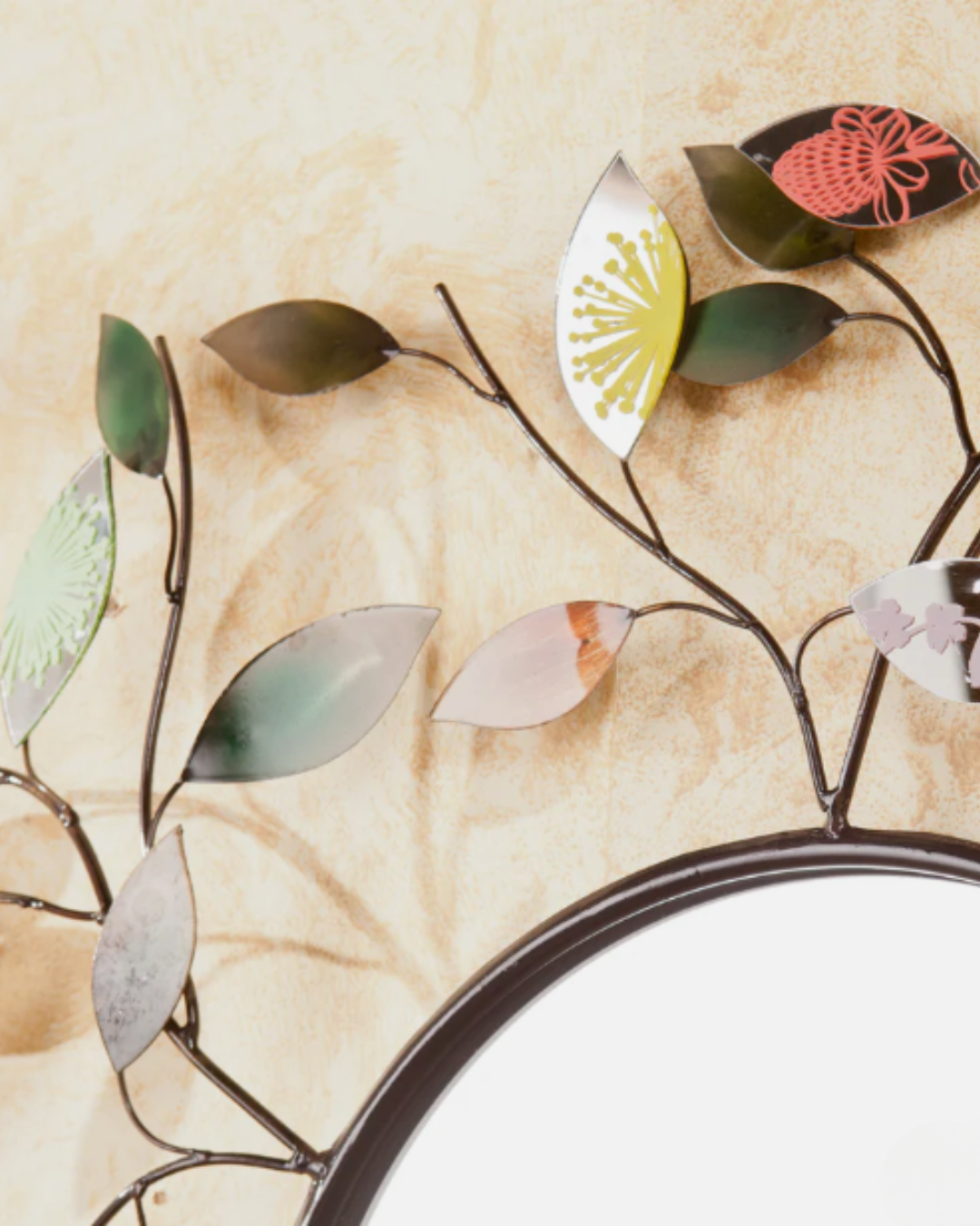 Detailed view of SEI Millara mirror’s metallic leaf frame, styled for positive home energy and eclectic decor