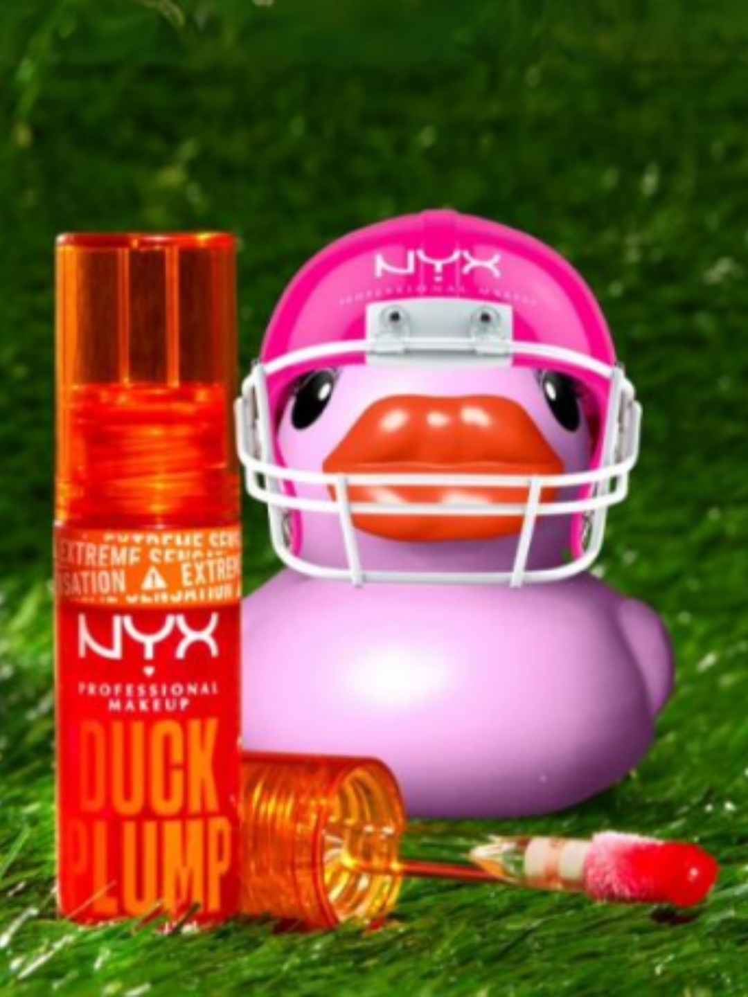 NYX Professional Makeup Duck Plump High Pigment Lip Plumping Gloss next a pink duck in a football helmet.