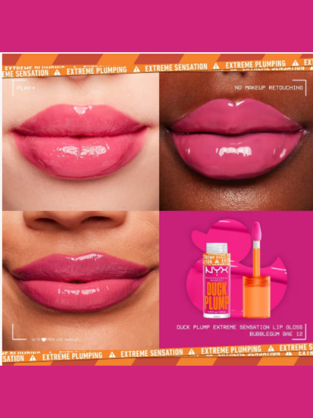 NYX Professional Makeup Duck Plump High Pigment Lip Plumping Gloss in the shade 'Bubblegum Bae" shown on different skin tones.