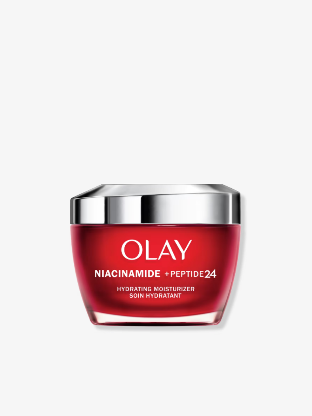Olay Regenerist Niacinamide + Peptide 24 Hydrating Moisturizer on a white background.