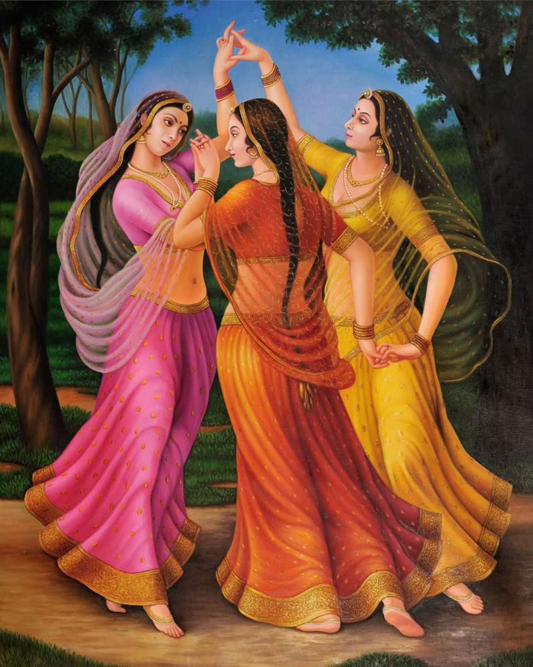 Three Graces (Indian Traditional Dance) by Prakash Kumar, Neelam Arts. Oil painting, 36 x 48 inches. Image Source: Fine Art America