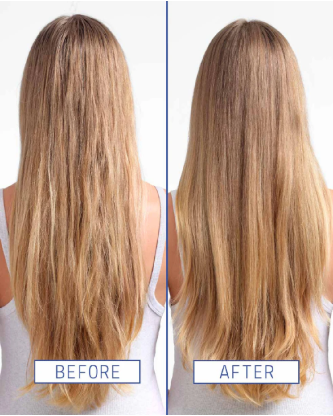White woman with long blonde hair against a white background wearing a white tank top, shown before and after using AAVRANI’s Scalp Detox Jelly Cleanser, with visibly cleaner, healthier hair.