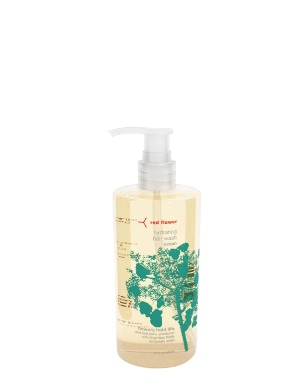 Red Flower shampoo bottle formulated with botanical ingredients for scalp and hair renewal.
