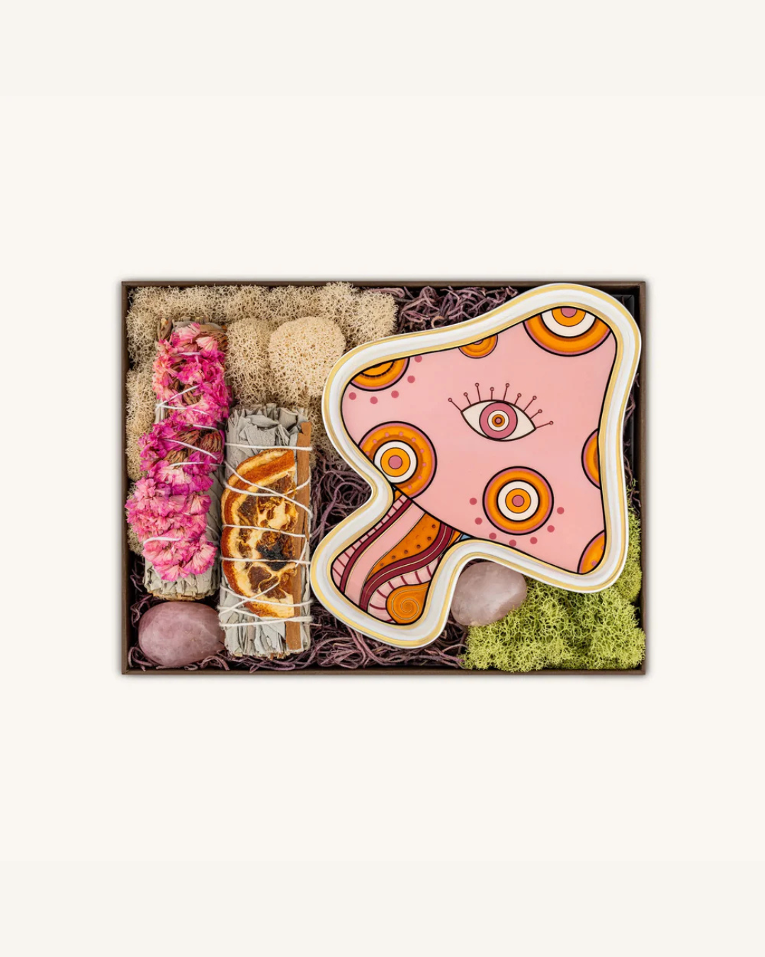 Open Inspired Joy Pink Mushroom Sage Box holding sage bundle for intentional home cleansing rituals