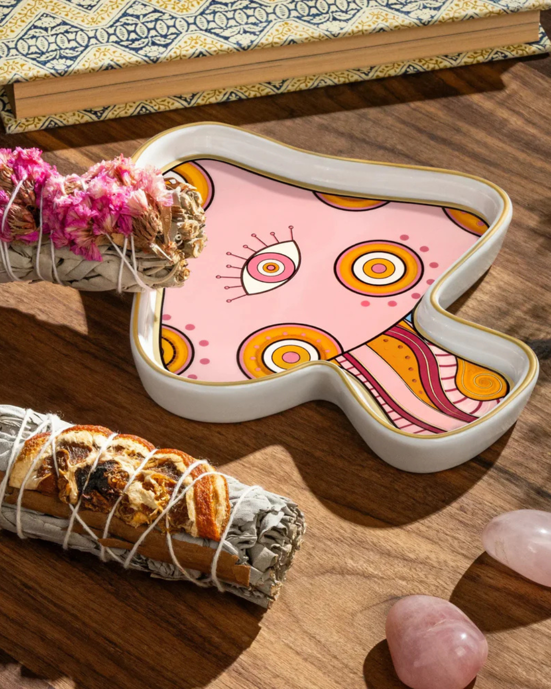 Inspired Joy Pink Mushroom Sage Box placed on altar with crystals for spiritual home energy refresh