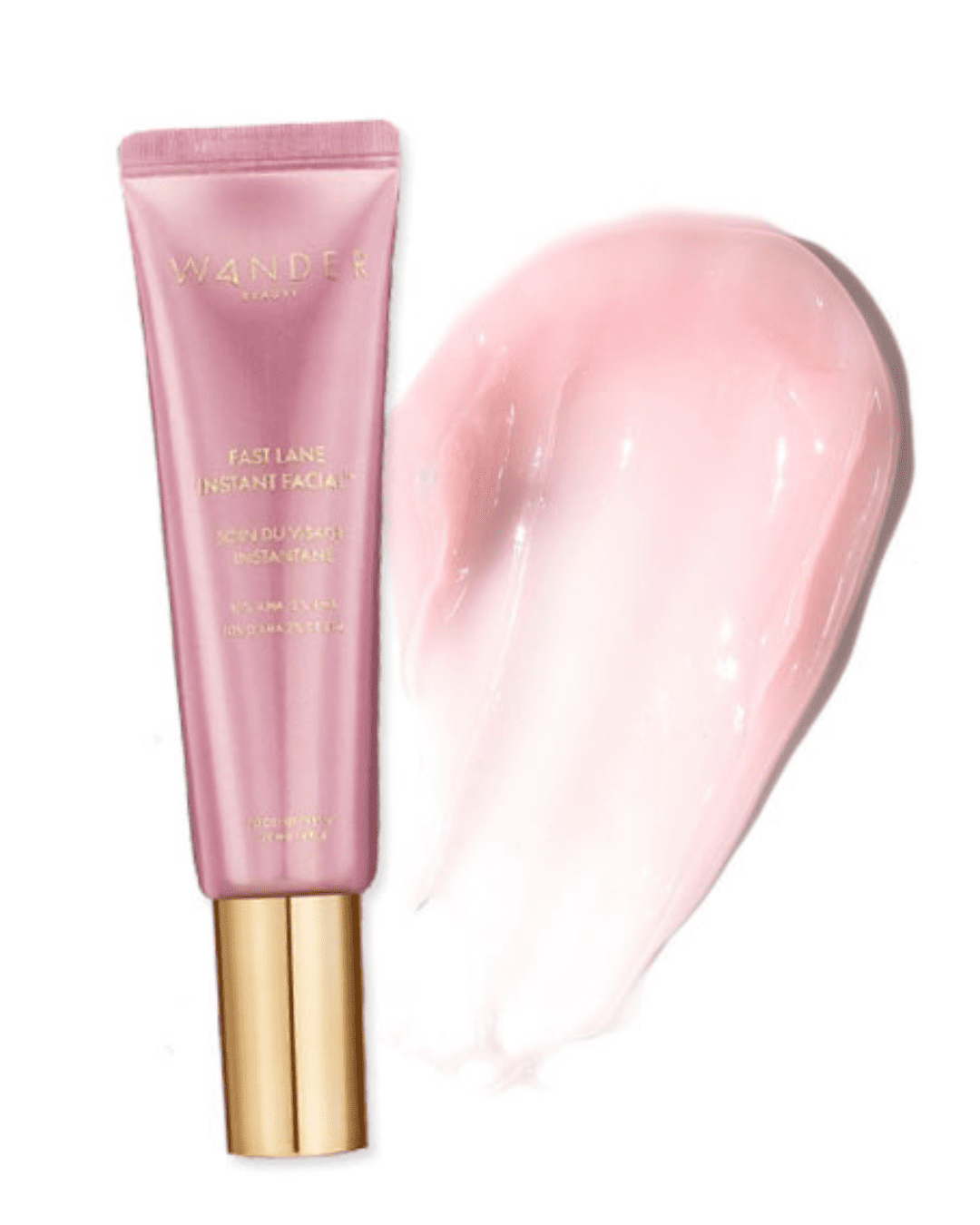 Wander Beauty’s Fast Lane Instant Facial with cap on and pink product swatch; dermatologist-tested alternative to risky raw egg face masks.